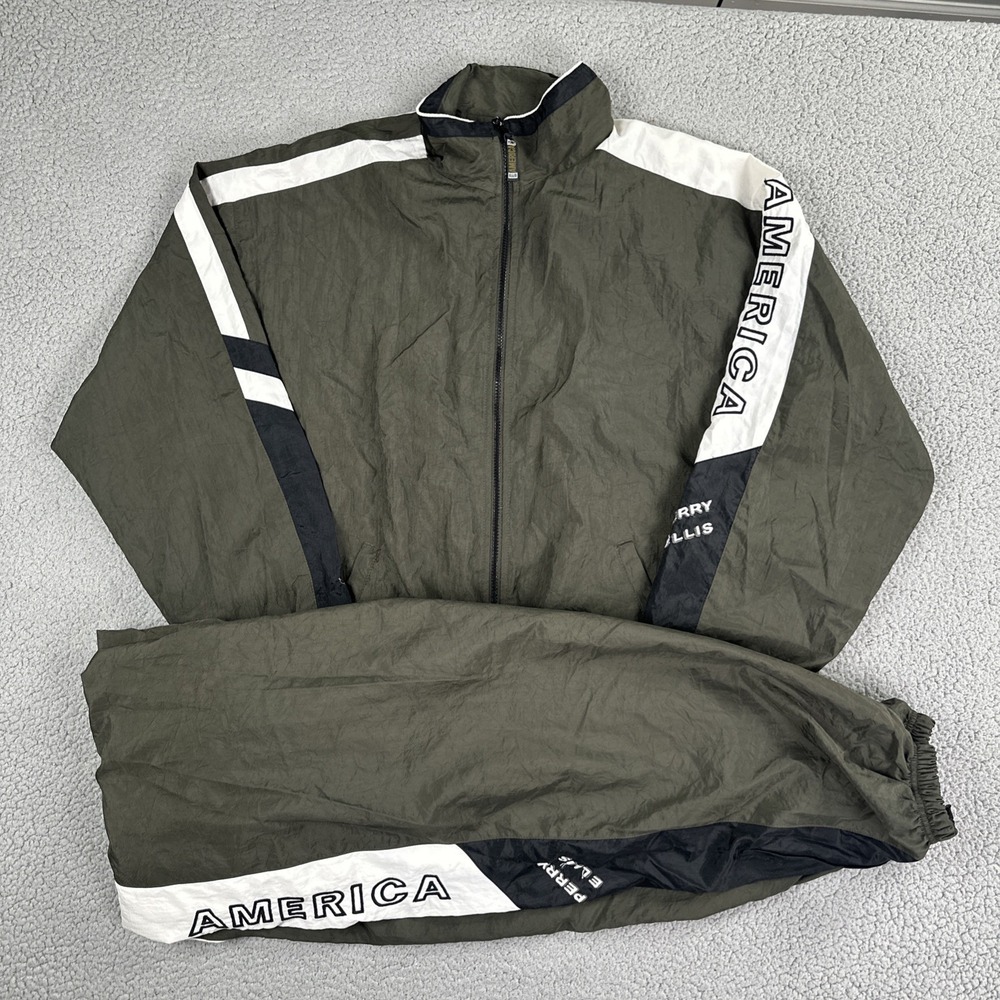 VTG 90s Perry Ellis America Track Suit Men Large Green White Color Block Baggy